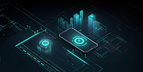 Closeup financial chart with uptrend line candlestick graph in stock market on blue color monitor background