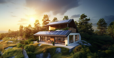 house in the forest, house in the woods, house in the mountains, home illuminated by sunlight with solar panels