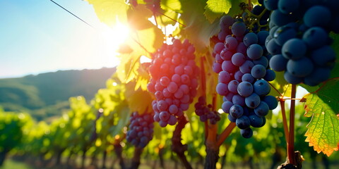 ripe grapes on the vine, bathed in sunlight, with the backdrop of a lush vineyard stretching into the distance. - obrazy, fototapety, plakaty