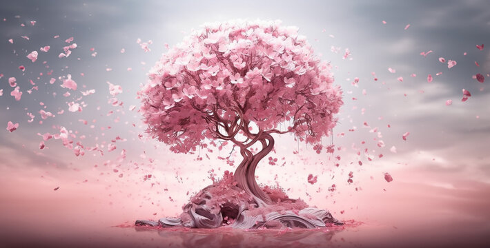 background with tree, tree with petals, tree in the wind, tree with flowers, a design showing pink tree petals are falling