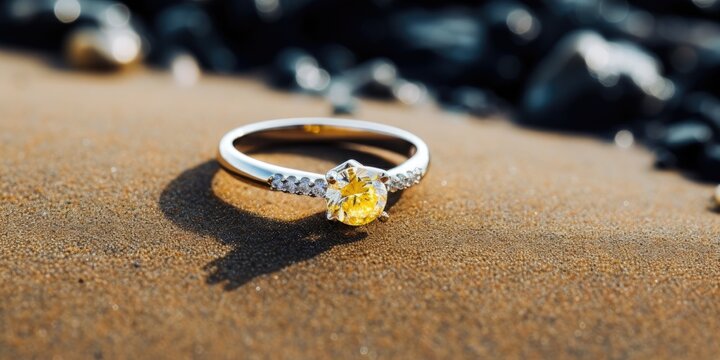 Small yellow saphire ring decorate small diamond on sand by the sea copy space