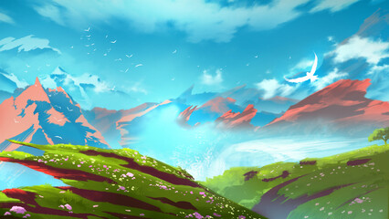 meadow fantasy grass field with mountain and flying bird savanna landscape HD anime wallpaper background