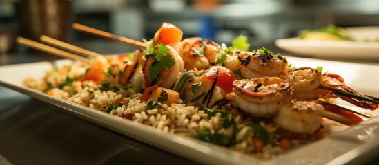 Skewered seafood with fried rice.