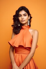 Fashionable Indian Woman Shopping in an Elegant Orange Dress Against a Pastel Studio Background generative ai