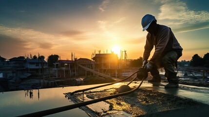 Building Foundations: Silhouetted Construction Worker in the Concrete Pouring Process 