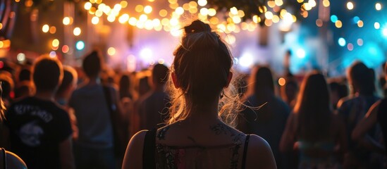 People with black and white silhouettes on their shoulders at a backlit music festival.
