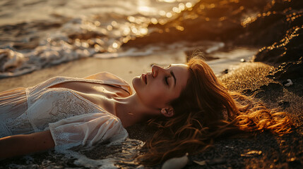 Verträumte hübsche Frau liegend im Meer mit Sand und Abendsonne Nahaufnahme im Querformat für Banner, a generativ - obrazy, fototapety, plakaty