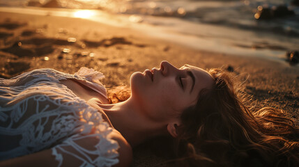 Verträumte hübsche Frau liegend im Meer mit Sand und Abendsonne Nahaufnahme im Querformat für Banner, a generativ - obrazy, fototapety, plakaty