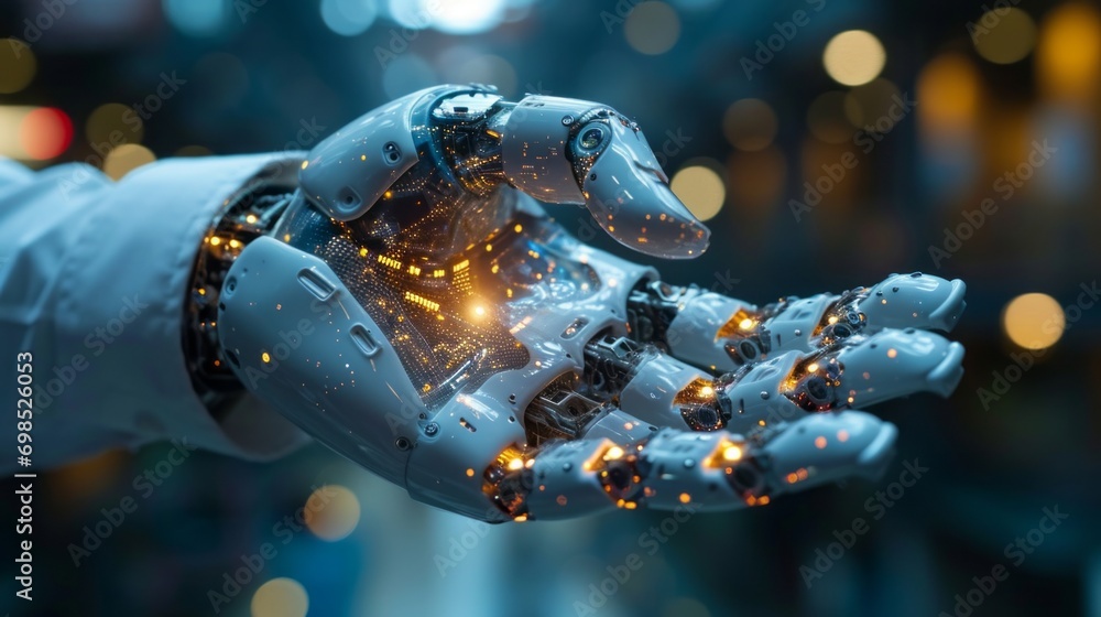 Poster close-up of android robot's hand controlled by ai electronic impulses in futuristic science lab. art