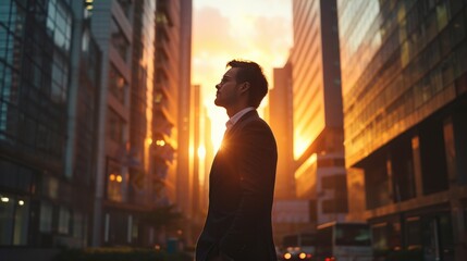 Satisfied businessman stands among tall skyscrapers during sunset. Portrait of a young businessman. Concept of dreaming about new investment opportunities