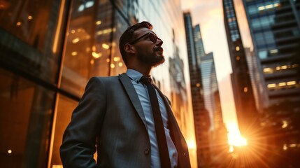 Satisfied businessman stands among tall skyscrapers during sunset. Portrait of a young businessman. Concept of dreaming about new investment opportunities