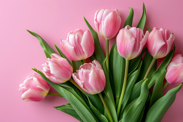 Fresh spring tulips on pink background. Top view, copy space.