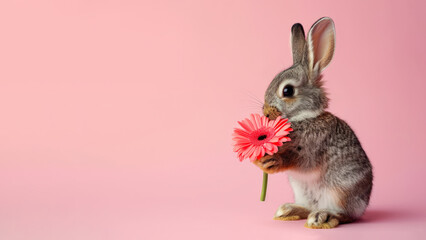 Cute Easter bunny holding gerbera flower in paws, pink background