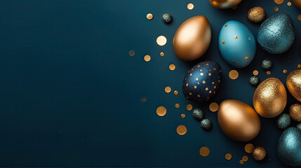  gold and blue easter eggs on a blue background. Easter frame of eggs painted in blue gold color. Flat lay, top view. Copy space for text.