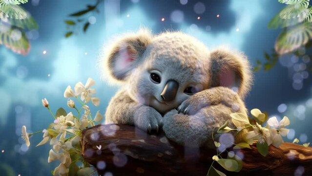 Lullabies Cute Baby Koala. Best Loop Video Background For Lullabies. 4K Ultra HD Animated Looping Video Background.