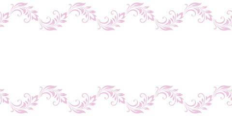 Vintage delicate frame, border of stylized leaves, flowers and curls in pink lines on white background. Horizontal top and bottom edging, decoration. Vector backdrop, wallpaper