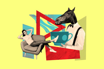 Creative trend collage of waiter horse head tea coffee cup delivery cafe have rest weird freak...