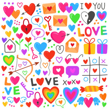 Valentines day doodles set. Colorful love theme icons, simple doodle illustrations. Bright simple pictures for design.  Hearts, balloons, arrows, lettering, envelopes, rainbow, tic tac toe, gifts.