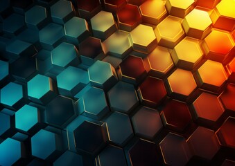 Abstract futuristic tech surface blue red neon light hexagon pattern background with light rays