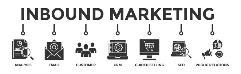 Inbound marketing banner web icon vector illustration concept with icon of analysis, email, customer, crm, guided selling, seo and public relations