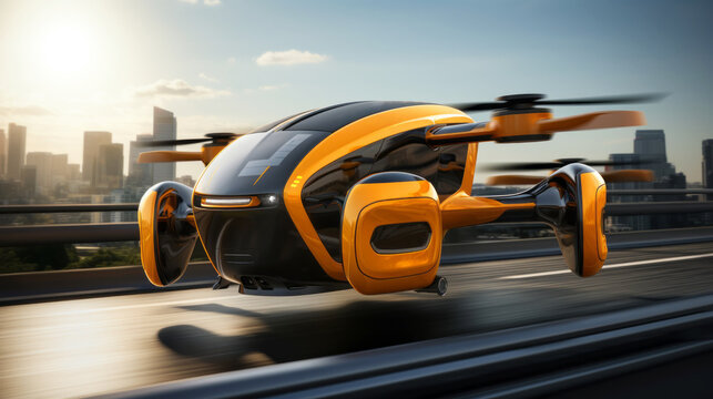 Futuristic orange passenger drone takes off from an airstrip near a modern city. Electric Vertical Take Off and Landing E-VTOL Aircraft used in urban passenger transportation. - Powered by Adobe