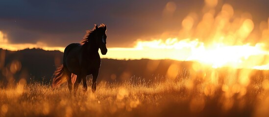 Horse silhouette in the countryside with stunning sunset backdrop.