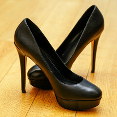 Elegant black high heel platform stilettos on natural wooden floor, high heel leather platform shoes
