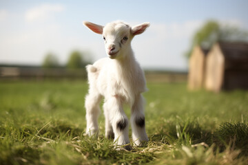 A young, white goat with patches of light brown on its fur, standing in a lush, green field blurr background