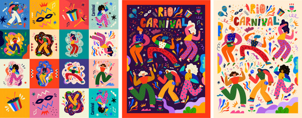 Posters with carnival party. Design for Brazil Carnival. Decorative illustration with dancing people. Set of carnival cards.