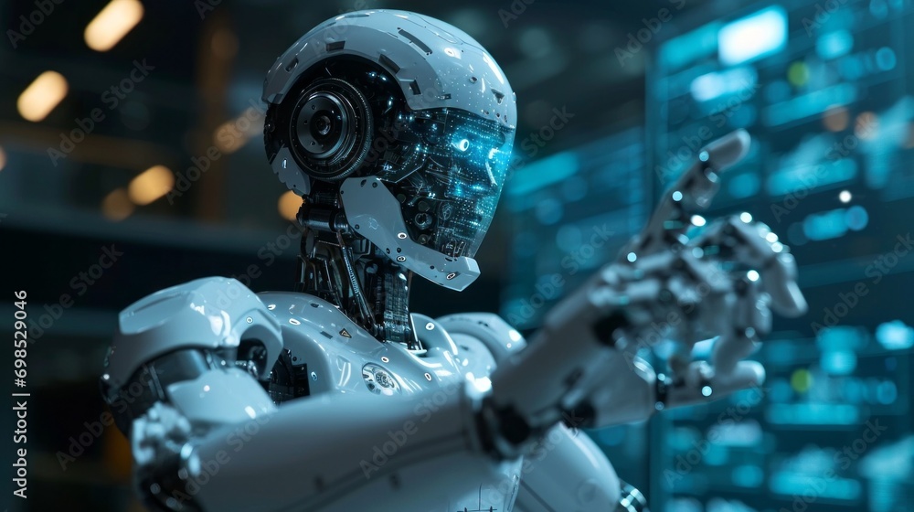 Poster imaginary illustration of android robot in front of touch screen in futuristic science lab. artifici