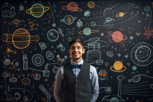 Confident indian college boy standing on black board background at classroom
