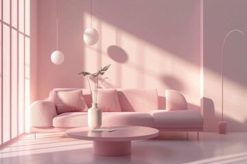 Modern minimalist living room interior in pastel pink tones. Comfortable sofa with cushions, coffee table with elegant vase, beautiful light from panoramic window.