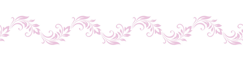 Fototapeta na wymiar Edging, ribbon, border of of pink stylized stems, leaves, flowers and curls in flat retro style. Vector delicate seamless pattern, ornament, decorative element, decoration