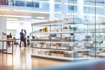 Transparent glass shelves background in store, storage room or office. Blurred people on background.