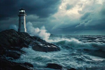 Lighthouse in rough, stormy sea, generative AI