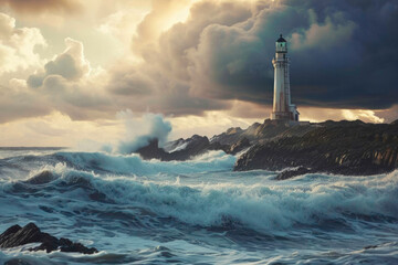 Lighthouse in rough, stormy sea, generative AI