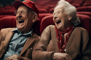 Laughing elderly couple, a man and a woman watching movie in the cinema, a comedy show or a movie, sitting in comfortable red armchairs, a mature family, a man and a woman enjoying free time, weekend