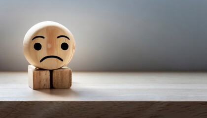 A wooden toy with sad face alone concept of loneliness and depression, unrequited love, parting or divorce - obrazy, fototapety, plakaty