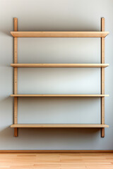 Wooden minimalist empty shelves on white wall for background.