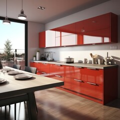 Interior of modern minimalist kitchen with red glossy cabinets. Wooden countertop with built-in sink, kitchen utensils, wooden dining table with setting, panoramic window.