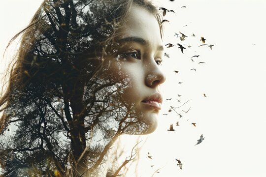 Captivating Double Exposure Portrait Blending A Serene Girl With A Mystical Forest And Birds On A Pristine White Background. 