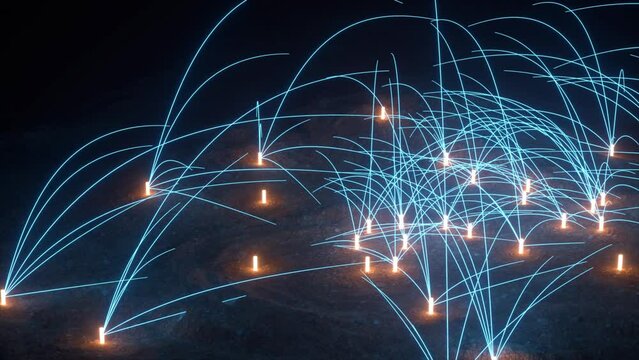 A network of blue neon trails emerges from glowing nodes on a dark terrain in this 3D animation.