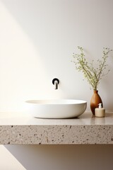 Fragment of minimalist bathroom with white wall, Terrazzo stone countertop, white sink, wall mounted faucet, elegant vase and liquid soap dispenser.