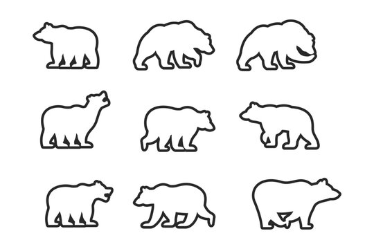 various line art bear silhouettes on the white background, bear icon set