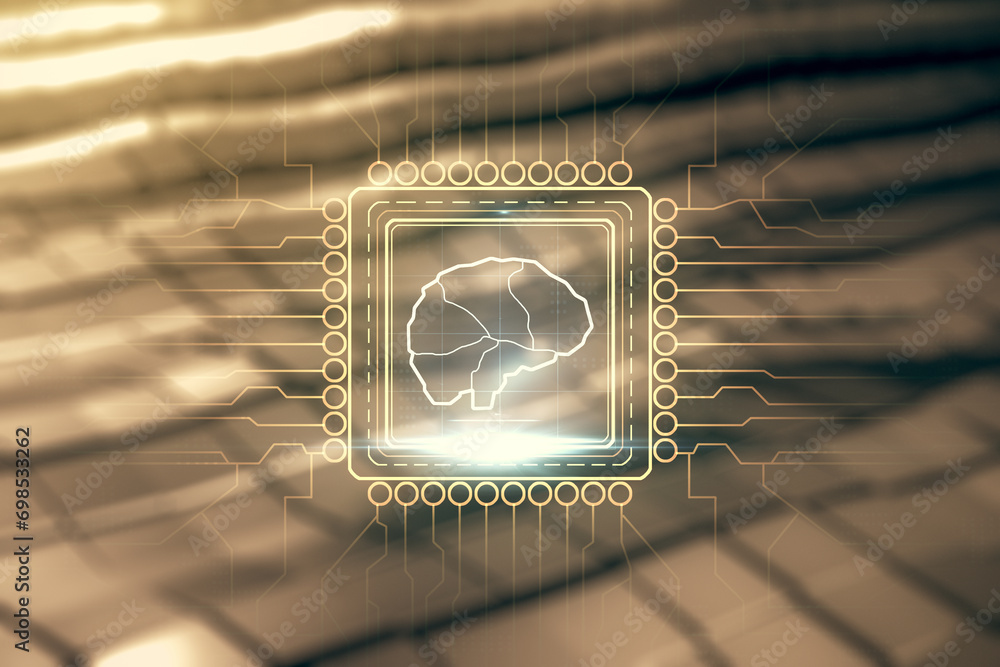 Aufkleber double exposure of creative artificial intelligence interface on blurry metal background. neural net