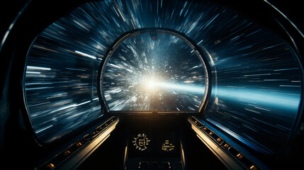 The view from inside a spacecraft cockpit as it approaches a wormhole.