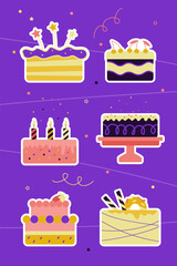 Set of vector birthday cake stickers. Flat illustration set on blue background
