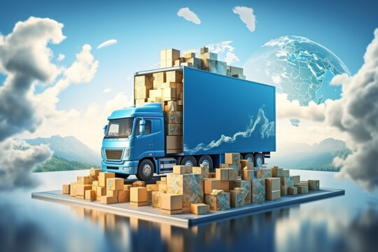 3D model of a truck loaded with cardboard parcels against realistic landscape and globe background. Online shopping and delivery, cargo management and tracking, logistics concept.