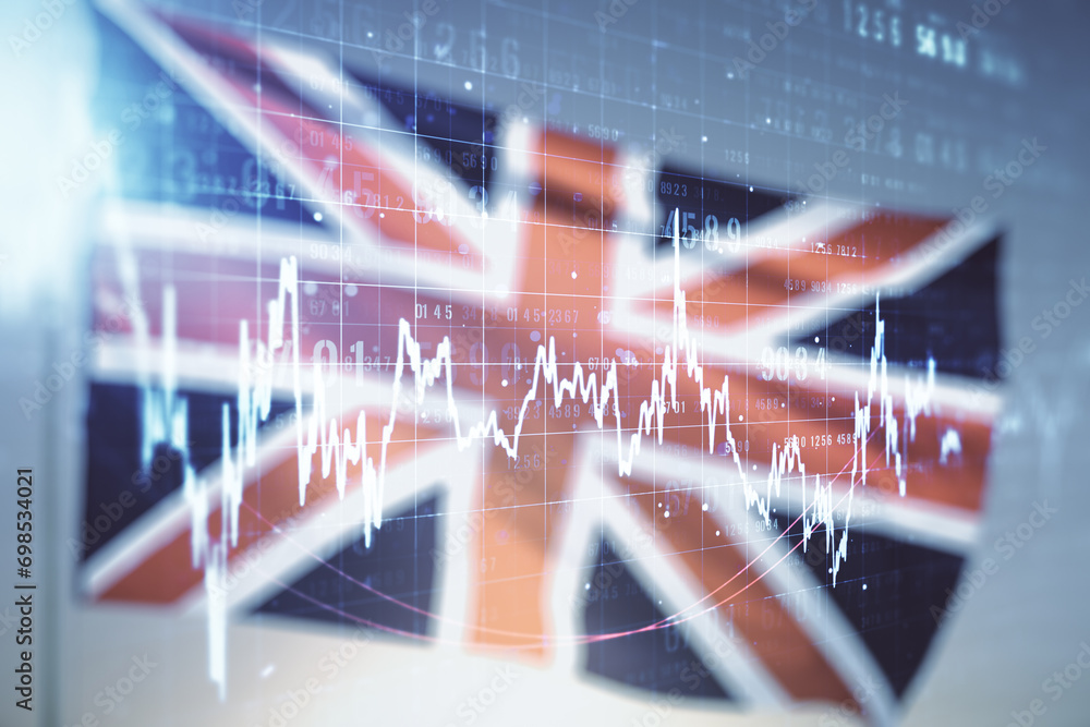 Aufkleber multi exposure of virtual abstract financial graph interface on british flag and sunset sky backgrou
