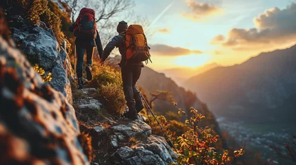 Foto auf Acrylglas Alpen Two people climbing mountain, stone mountain, path